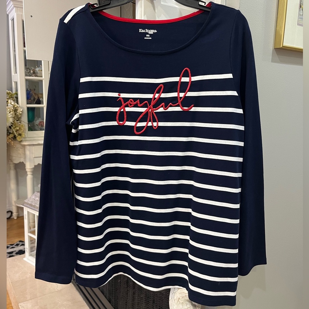Kim Rogers Women’s Long Sleeve Striped Shiny Joyful Embroidered Blouse Shirt Top
